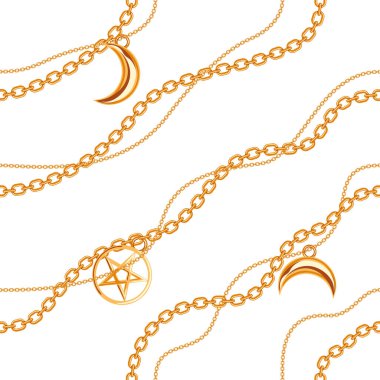 Kusursuz desenli arka plan, pentagram ve altın metalik zincirli ay kolyeleri. Beyaza. Vektör illüstrasyonu
