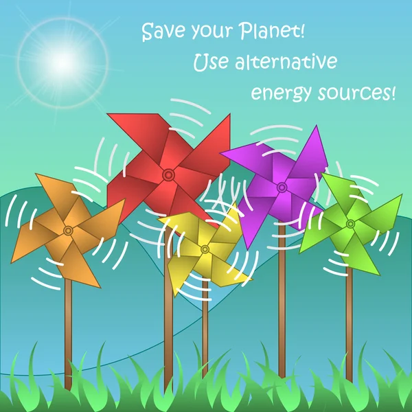 Illustrazione con mulini a vento su sfondo paesaggio e testo "Salva il tuo pianeta! Utilizzare fonti energetiche alternative !" — Vettoriale Stock