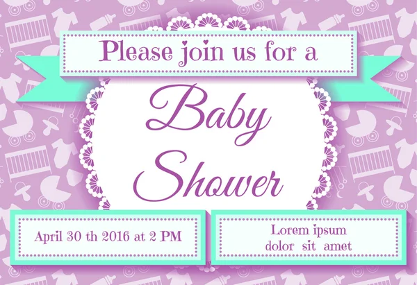 Baby prysznic zaproszenia karty na fioletowym tle — Wektor stockowy