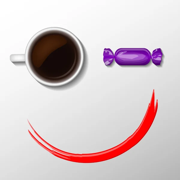 Coffee smile. Cup of coffee with violet candy and red lipstick trace. Abstract illustration.