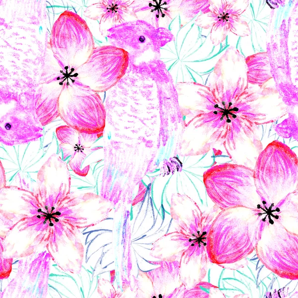 Pembe papağan ve çiçekler