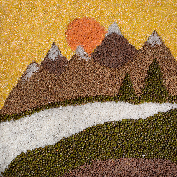 Landscape of dry cereals: buckwheat, lentil, rice, beans, corn grits.
