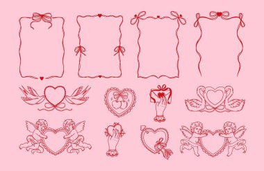 Sevgililer Günü romantik unsurları. El yapımı, yay, cupidlar, kuşlar, kalp ile birlikte kırmızı renkli bir çarşaf. Poster için zarif bir aşk kurdelesi. Vektör seti.