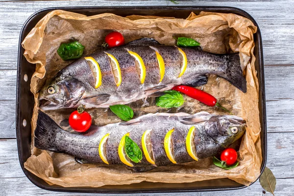 Deliciosos peces de trucha cruda preparados para hornear con patatas, br — Foto de Stock