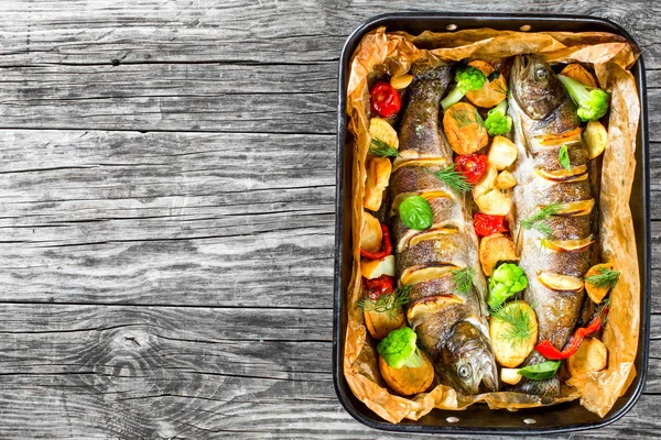 Grillad hel öring fiskar med potatis, broccoli, citron, tomat — Stockfoto