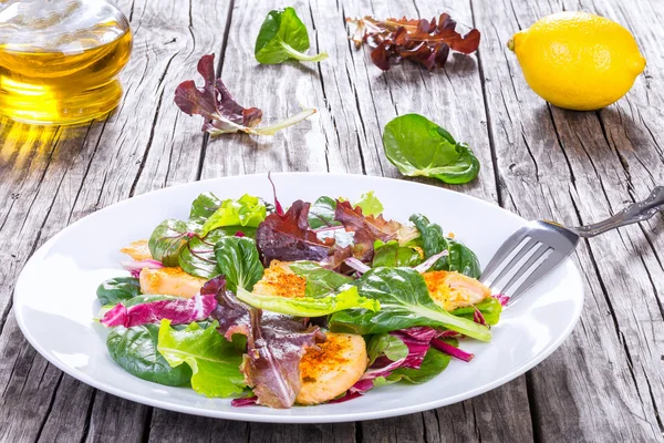 Salada com peito de frango e folhas de alface, espinafre bebê — Fotografia de Stock