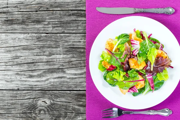 Salada com peito de frango e folhas de alface mistas, vista superior — Fotografia de Stock