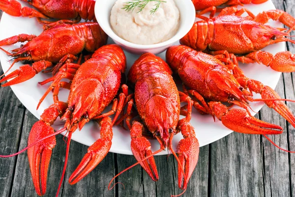 Cangrejo de río rojo hervido con crema de rábano picante, primer plano — Foto de Stock