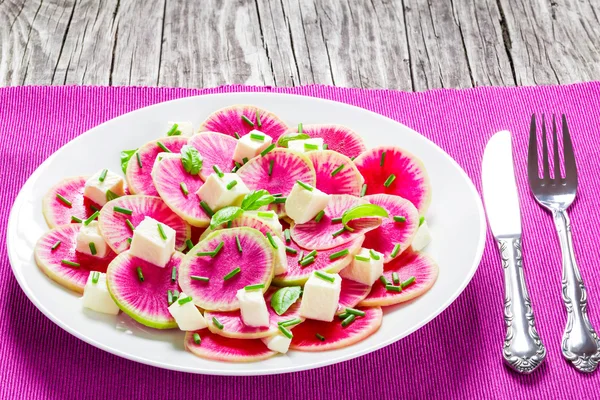 Délicieuse salade de radis pastèque avec mozzarella et basilic — Photo