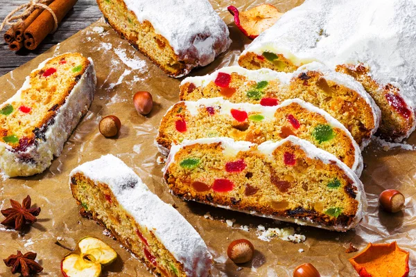 Christmas Stollen, traditional german christmas cake with dried fruits, nuts — Stock Photo, Image