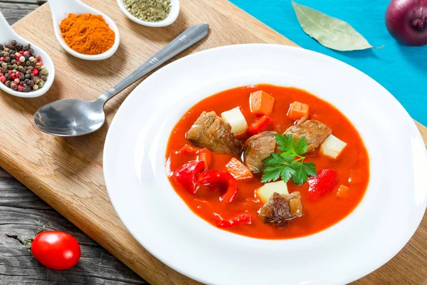 Тушеная говядина с овощами или гуляшем, традиционная венгерская еда — стоковое фото