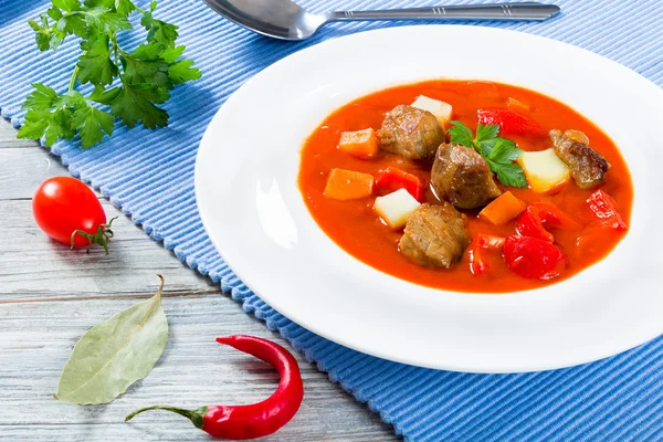 Ragoût de boeuf aux légumes ou goulache, repas traditionnel hongrois — Photo