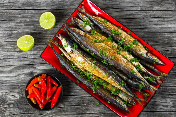 Baked saury on a red rectangular dish , close-up top view — Stock Image Baked saury on a red rectangular dish , close-up top view Royalty Free Stock Images