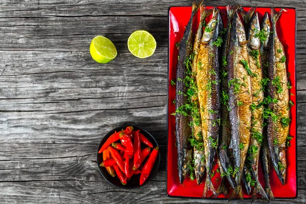 Baked saury on a red rectangular dish , close-up top view — Stock Image Baked saury on a red rectangular dish , close-up top view Stock Picture