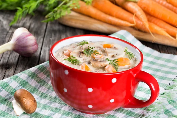 Sopa de cogumelos de queijo com cenouras de primavera e legumes — Fotografia de Stock