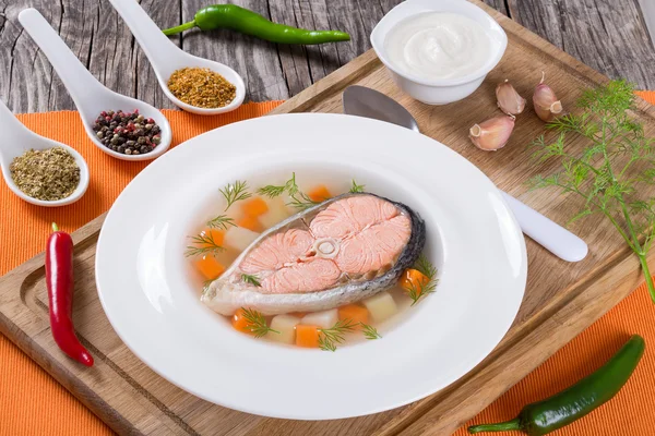 Sup salmon Hearty di piring putih dengan dill — Stok Foto