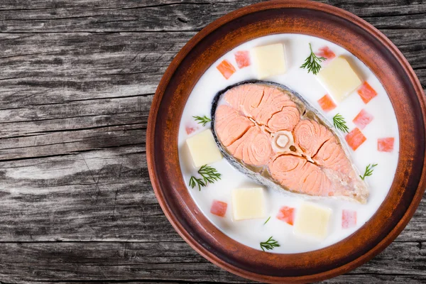 Red fish soup with vegetables and dil, top view — Stock Image Red fish soup with vegetables and dil, top view Stock Picture