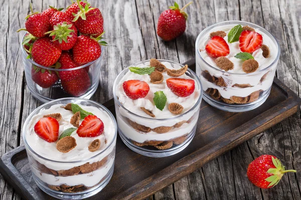 Hausgemachter Joghurt in Tassen mit Vollkornflocken — Stockfoto