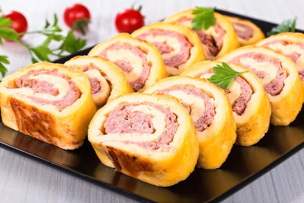 Cheese spicy meat Roll-Ups ,view from above, selective focus — Stock Photo, Image