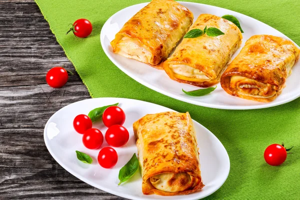 Rolled pancakes or crepes stuffed with minced meat and vegetable Royalty Free Stock Photos