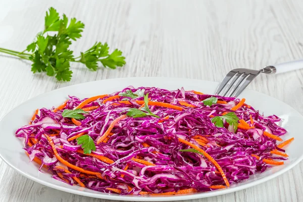 Салат из капусты - красная капуста с морковью на белом блюде — стоковое фото