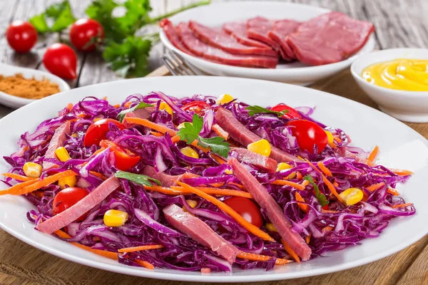 Carne affumicata affettata e insalata di cavolo rosso con carote — Foto Stock