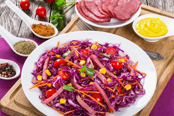 Carne affumicata affettata e insalata di cavolo rosso — Foto Stock