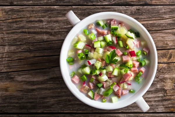 Meat, greens and vegetables cold summer soup — Stock Photo, Image