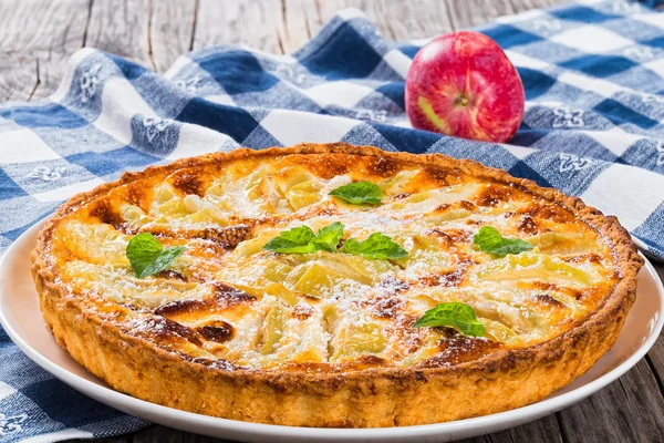 Homemade apple pie sprinkled with icing sugar, close-up — Stock Photo, Image