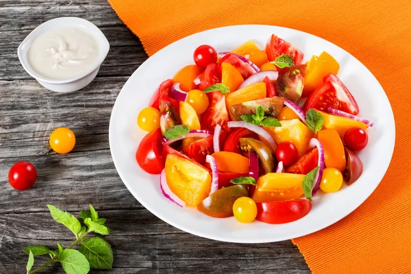 Ensalada de tomate con hojas de menta y aceite de oliva —  Fotos de Stock