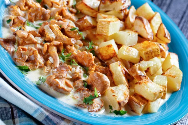 Жареный Картофель Куски Подается Соусом Chanterelle Голубой Пластины Горизонтальный Вид — стоковое фото