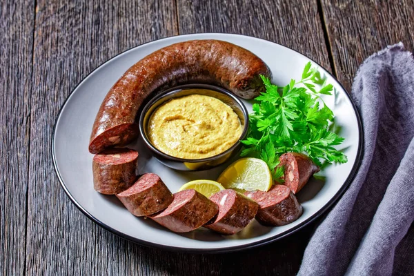 German Blutwurst German Blood Sausage Sliced Served Plate Parsley Mustard — Stock Photo, Image