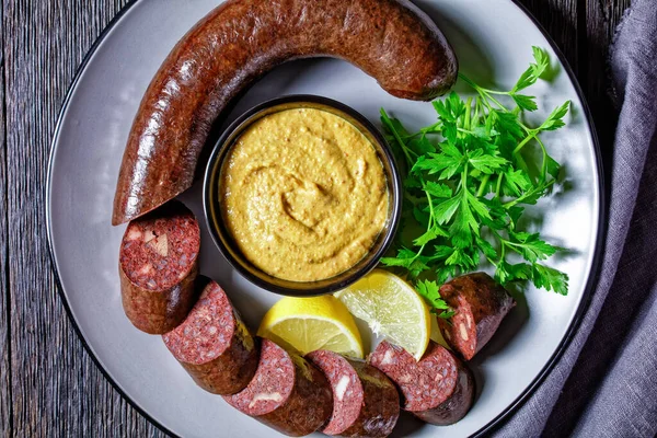 German Blutwurst German Blood Sausage Sliced Served Plate Parsley Mustard — Stock Photo, Image