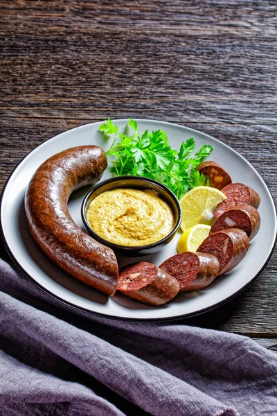 German Blutwurst German Blood Sausage Sliced Served Plate Parsley Mustard — Stock Photo, Image