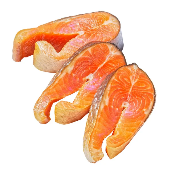 Smoked arctic char steaks, isolated on white background, top view, close-up — Stock Image Smoked Arctic Char Steaks Isolated White Background Top View Close Stock Picture