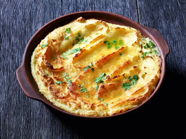 Baked Mashed Potatoes Parmesan Cheese Butter Baking Dish Dark Wooden — Fotografia de Stock