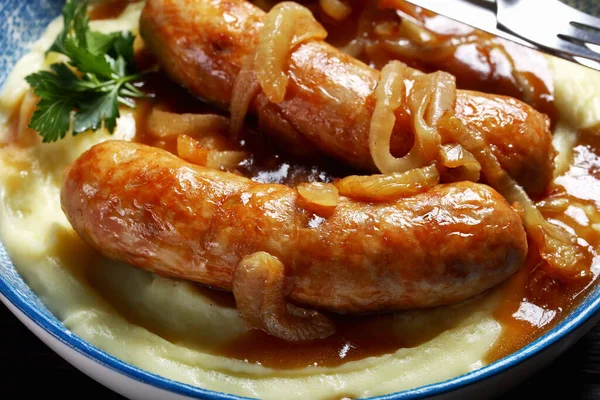 Bangers Mash Traditional British Dish Pork Sausage Onion Gravy Mashed — Stock Photo, Image