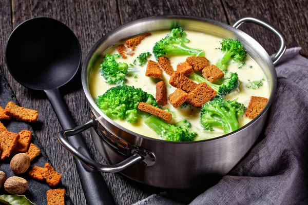 Sopa Queijo Creme Com Brócolis Croutons Centeio Uma Panela Uma — Fotografia de Stock