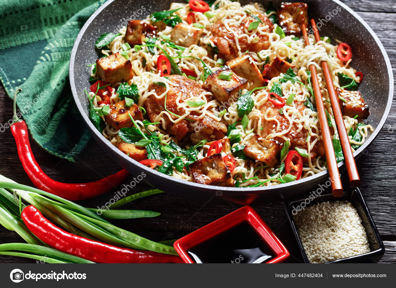 Sweet Sour Tofu Chicken Thighs Chinese Wok Noodles Wilted Kale — Stock