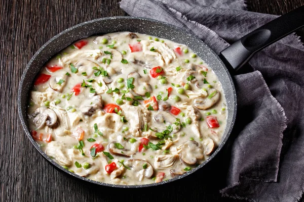 chicken a la king, cooked breast of chicken in a cream sauce with mushrooms, green peas and chopped peppers in a skillet on a dark wooden table, horizontal view from above