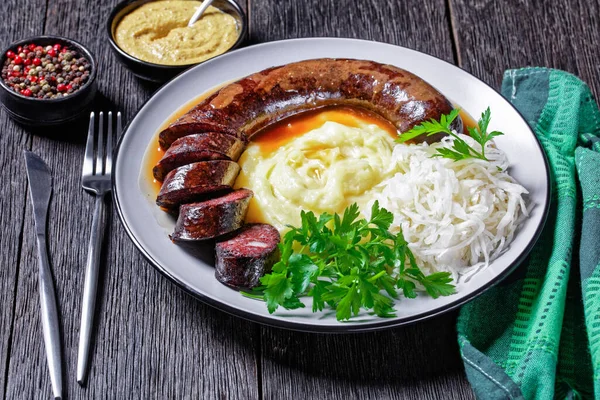 German Food Blutwurst Blood Sausage Served Plate Sauerkraut Mashed Potato — Stock Photo, Image