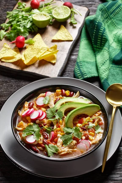 Sopa Pollo Tortilla Mexicana Baja Carbohidratos Con Tomate Maíz Frijoles — Foto de Stock