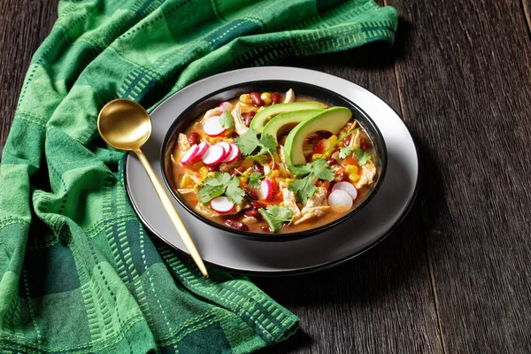 Sopa Pollo Tortilla Mexicana Baja Carbohidratos Con Tomate Maíz Frijoles — Foto de Stock