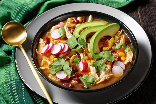 Sopa Pollo Tortilla Mexicana Baja Carbohidratos Con Tomate Maíz Frijoles — Foto de Stock