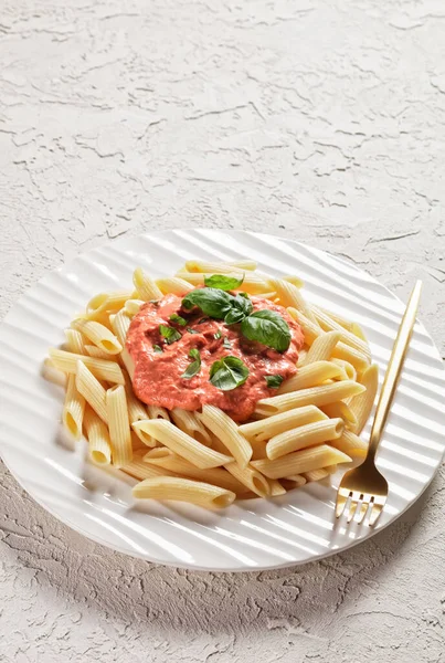 Pink Sauce Pasta Parma Rosa Sauce Penne Plate Golden Fork — Stock Photo, Image