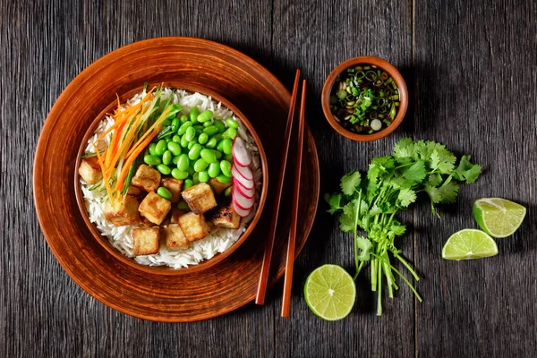 Tazón Tofu Poke Con Arroz Basmati Judías Edamame Rábano Pepino — Foto de Stock