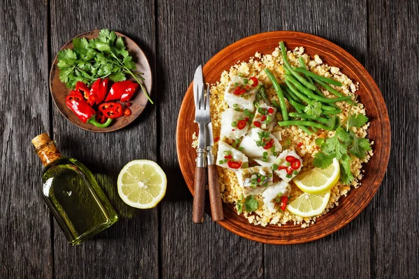 Bacalhau Com Todos Cod Bulgur Steamed Green Beans Sprinkled Hot —  Fotos de Stock