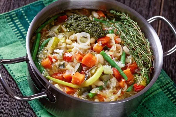 Soupe Pistou French Vegetable Bean Soup Basil Sauce Pesto Herbs — Stock fotografie