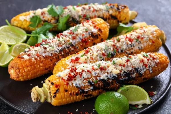 Elote Grilled Mexican Street Corn Charred Cobs Slathered Sour Cream — Stock Photo, Image