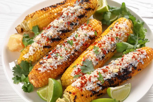 Elote Grilled Mexican Street Corn Charred Cobs Slaved Mayonnaise Based — 스톡 사진